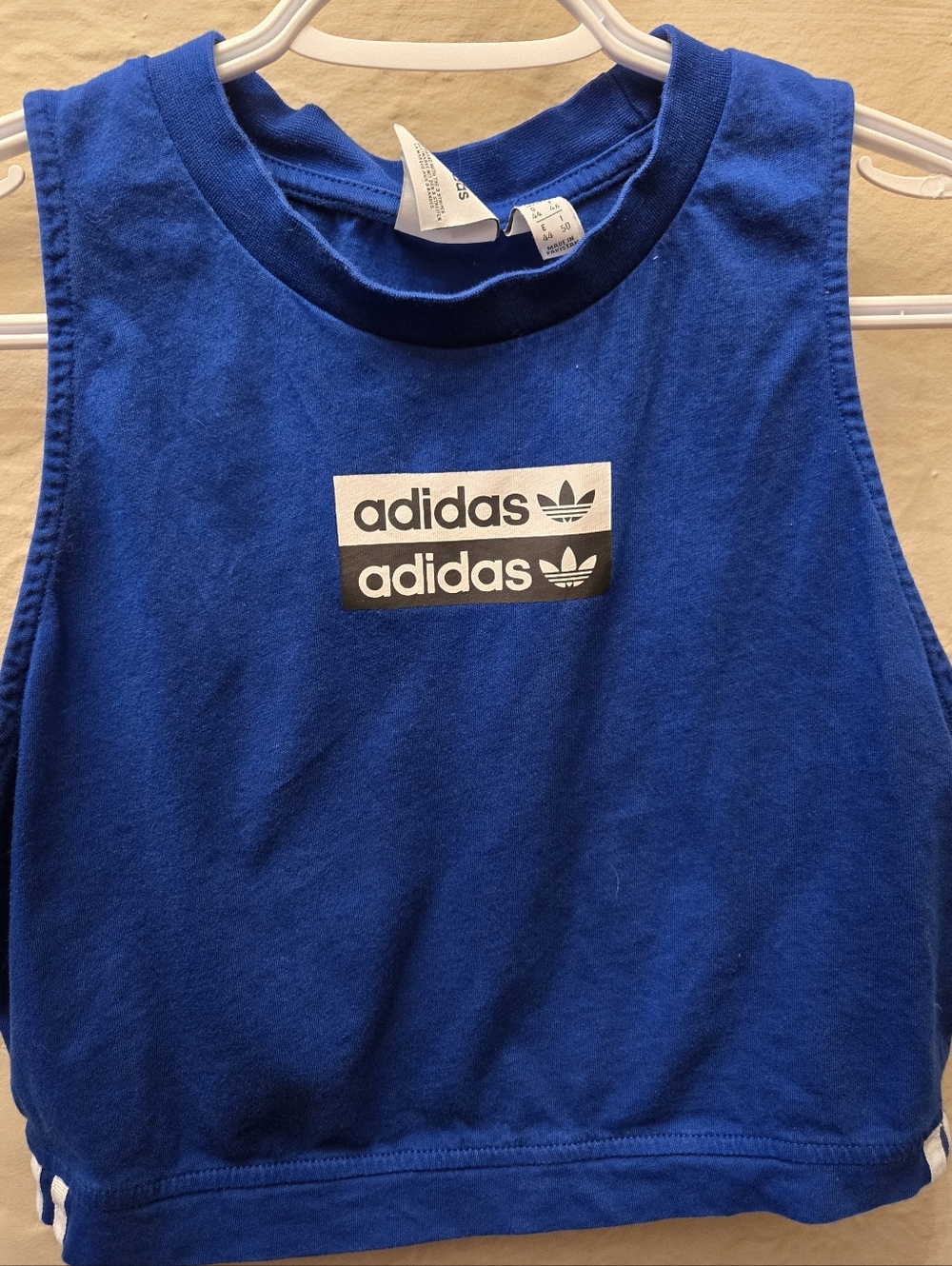 Adidas Blue Crop Top Tank Logo Trefoil Y2K Athleisure Sleeveless Fitted Stretch - Picture 2 of 10